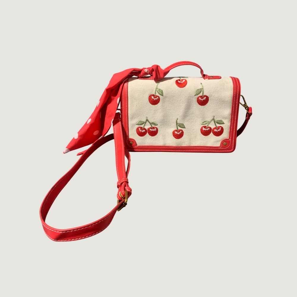 Steve Madden Cherry Embroidered Canvas Crossbody Bag Womens Red Cream Scarf